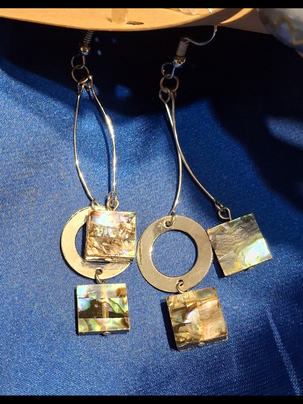Iridescent Abalone Square Drop Earrings with Silver Hoops - Women Jewelry